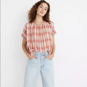 Madewell Plaid Shirred Neck Boxy Short Sleeve Women’s Top Small Pink Orange Boxy
